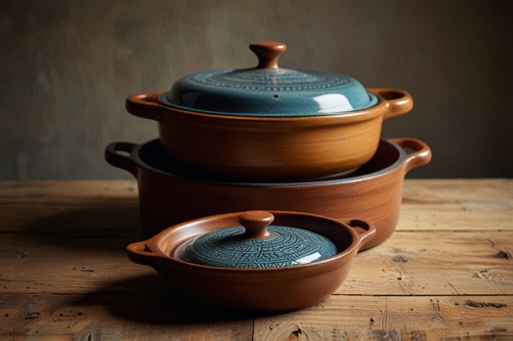 Conjunto de panelas de ceramica marrom claro com tampas azul marinho